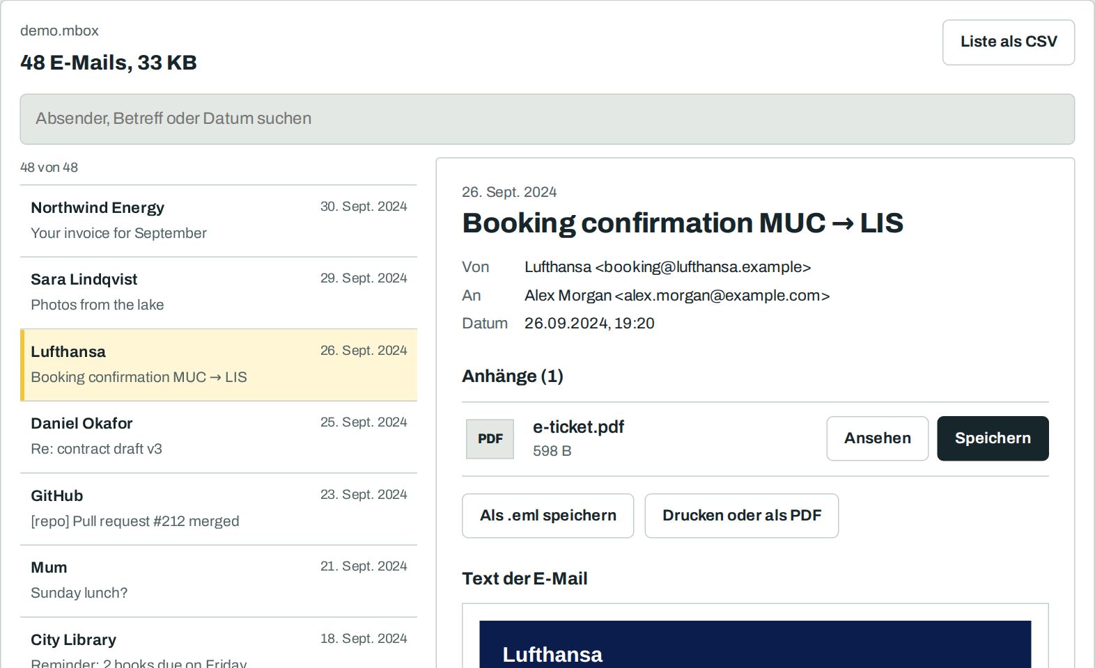 Ein Gmail-Postfach mit 48 E-Mails: Liste, Suche und die geöffnete E-Mail